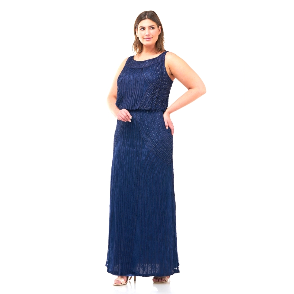 NWT Navy Blue Floor Length Beaded Lace Soustache Gown Formal Ball Evening 18W